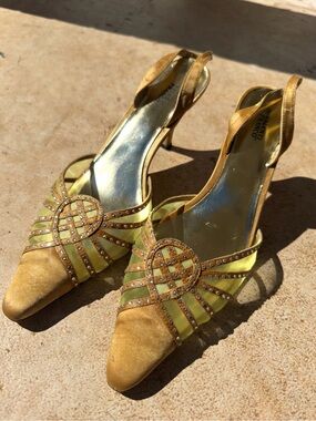 Valenti Franco Yellow Crystal-Embellished Slingback Heels